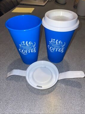 Blue Reusable Coffee Cups with White Lids - Life Begins After Coffee